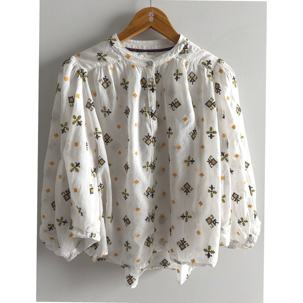 Anthropologie Lisabetta Boho Embroidered White Button Down Blouse Balloon Sleeve